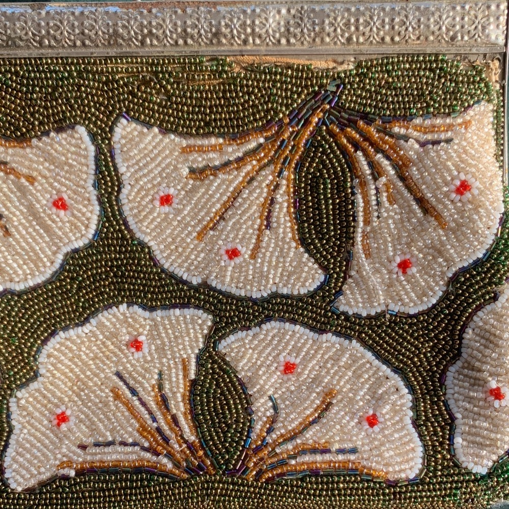 Unique Vintage Beaded Olive Green and Cream Floral Clutch - Picture 4 of 5